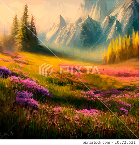 Beautiful field of tulips growing on the slope, mountains and sky illustration. Abstract field illustration. landscape spring vector background. Netherlands nature. Cover template. Poster Beautiful field of tulips growing on the slope, mountains and sky illustration. Abstract field illustration. landscape spring vector background. Netherlands nature. Cover template. Poster 105723521