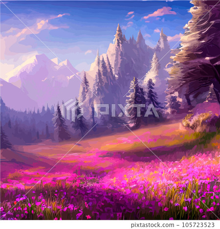 Beautiful field of tulips growing on the slope, mountains and sky illustration. Abstract field illustration. landscape spring vector background. Netherlands nature. Cover template. Poster Beautiful field of tulips growing on the slope, mountains and sky illustration. Abstract field illustration. landscape spring vector background. Netherlands nature. Cover template. Poster 105723523