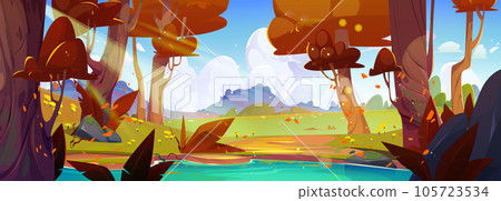 Autumn forest landscape with lake and tree vector 105723534