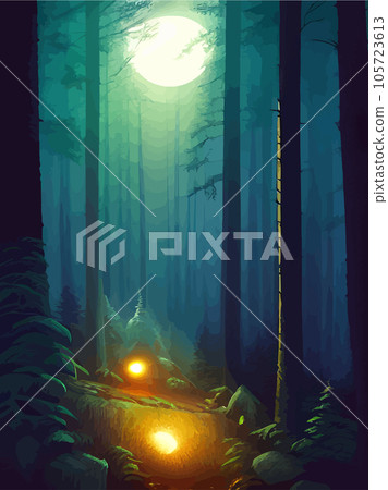 Spooky forest with full moon and floor. Without leaves and branches autumn. Design Halloween season. Vector illustration vertical poster. Horror wood, trees, night, fog, strange, terrible, terrible 105723613