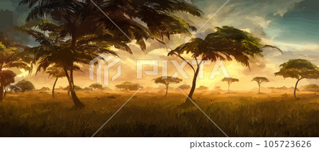 Wild savanna landscape. Savannah, African wild nature with acacia trees, grass, sand and water. Africa landscape panorama. Kenya National Park, panoramic view. Flat vector illustration Wild savanna landscape. Savannah, African wild nature with acacia trees, grass, sand and water. Africa landscape panorama. Kenya National Park, panoramic view. Flat vector illustration 105723626