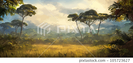 Wild savanna landscape. Savannah, African wild nature with acacia trees, grass, sand and water. Africa landscape panorama. Kenya National Park, panoramic view. Flat vector illustration Wild savanna landscape. Savannah, African wild nature with acacia trees, grass, sand and water. Africa landscape panorama. Kenya National Park, panoramic view. Flat vector illustration 105723627