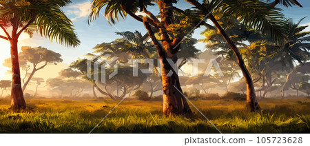 Wild savanna landscape. Savannah, African wild nature with acacia trees, grass, sand and water. Africa landscape panorama. Kenya National Park, panoramic view. Flat vector illustration Wild savanna landscape. Savannah, African wild nature with acacia trees, grass, sand and water. Africa landscape panorama. Kenya National Park, panoramic view. Flat vector illustration 105723628