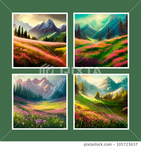 Beautiful field of tulips growing on the slope, mountains and sky illustration. Abstract field illustration. landscape spring vector background. Netherlands nature. Cover template. Poster, set Beautiful field of tulips growing on the slope, mountains and sky illustration. Abstract field illustration. landscape spring vector background. Netherlands nature. Cover template. Poster, set 105723637