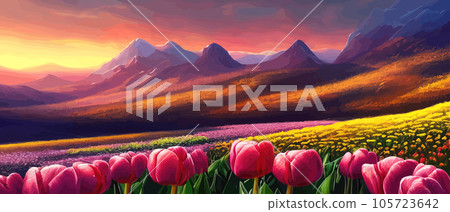 Vector illustration of Spring in the Mountains for logotype, t-shirt, banner, magazine, poster, decoration, postcard. Spring in the Mountains background. Spring 105723642
