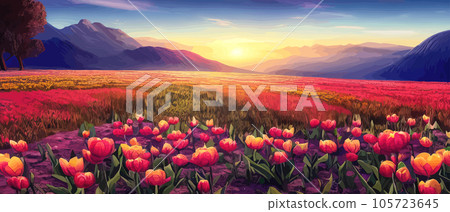 Vector illustration of Spring in the Mountains for logotype, t-shirt, banner, magazine, poster, decoration, postcard. Spring in the Mountains background. Spring 105723645