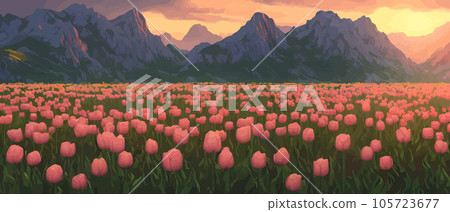 A field of tulips against the backdrop of mountains. Spring banner vector illustration. huge field of colorful tulips. Behind the field is a mountain range. Sunset. clouds of orange 105723677