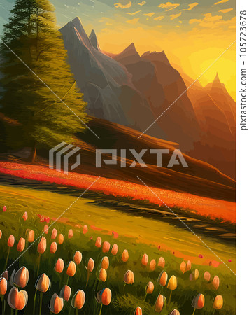Vector spring background. Dutch landscape with tulip field, trees, hills, mountains. Floral vertical landscape poster cartoon hand drawn style. For posters, advertisements, wallpapers, landing pages 105723678