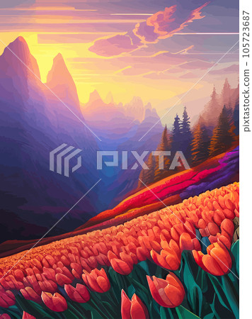 Vector spring background. Dutch landscape with tulip field, trees, hills, mountains. Floral vertical landscape poster cartoon hand drawn style. For posters, advertisements, wallpapers, landing pages 105723687