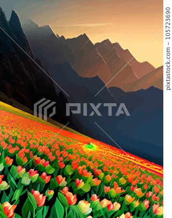 Vector spring background. Dutch landscape with tulip field, trees, hills, mountains. Floral vertical landscape poster cartoon hand drawn style. For posters, advertisements, wallpapers, landing pages Vector spring background. Dutch landscape with tulip field, trees, hills, mountains. Floral vertical landscape poster cartoon hand drawn style. For posters, advertisements, wallpapers, landing pages 105723690