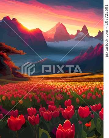 Vector spring background. Dutch landscape with tulip field, trees, hills, mountains. Floral vertical landscape poster cartoon hand drawn style. For posters, advertisements, wallpapers, landing pages 105723691