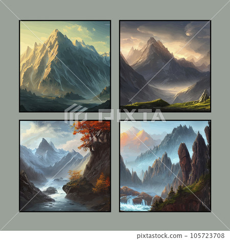 set of four nature posters. Mountain mature silhouette element outdoor icon snowy ice peaks and decorative, Realistic illustration of mountain landscape with hill and forest with coniferous trees 105723708