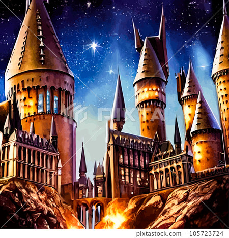 Cartoon castle on a hill in rainy weather. Landscape of a fairy kingdom in the moonlight at night. Medieval palace with towers, stream, trees, a field and a bridge with a road to the Royal Castle. Cartoon castle on a hill in rainy weather. Landscape of a fairy kingdom in the moonlight at night. Medieval palace with towers, stream, trees, a field and a bridge with a road to the Royal Castle. 105723724