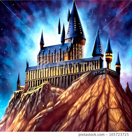 Cartoon castle on a hill in rainy weather. Landscape of a fairy kingdom in the moonlight at night. Medieval palace with towers, stream, trees, a field and a bridge with a road to the Royal Castle. Cartoon castle on a hill in rainy weather. Landscape of a fairy kingdom in the moonlight at night. Medieval palace with towers, stream, trees, a field and a bridge with a road to the Royal Castle. 105723725