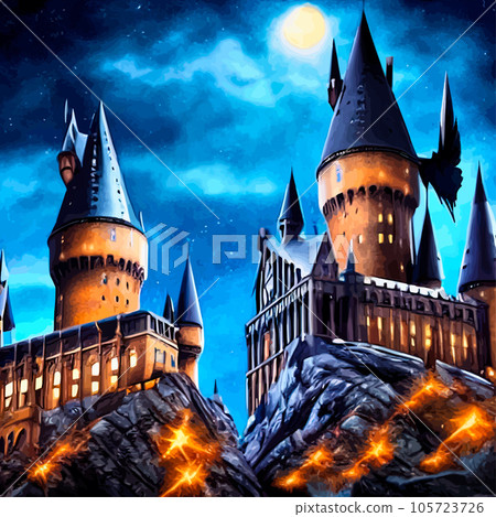 Cartoon castle on a hill in rainy weather. Landscape of a fairy kingdom in the moonlight at night. Medieval palace with towers, stream, trees, a field and a bridge with a road to the Royal Castle. 105723726