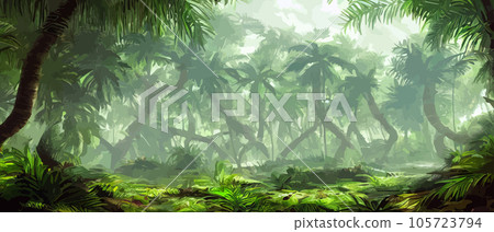 Tropical vintage botanical landscape illustration, palm tree, vegetable flower border background. Exotic green jungle background and wallpaper, forrest, rainforest, plants and nature illustration 105723794