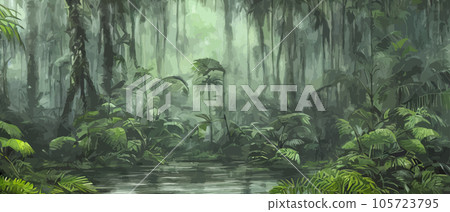 Tropical vintage botanical landscape illustration, palm tree, vegetable flower border background. Exotic green jungle background and wallpaper, forrest, rainforest, plants and nature illustration 105723795