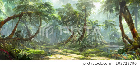 Tropical vintage botanical landscape illustration, palm tree, vegetable flower border background. Exotic green jungle background and wallpaper, forrest, rainforest, plants and nature illustration 105723796