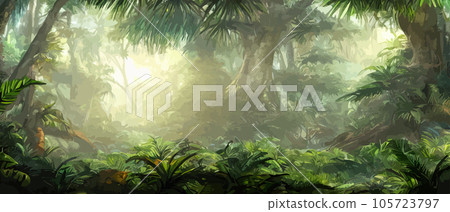 Tropical vintage botanical landscape illustration, palm tree, vegetable flower border background. Exotic green jungle background and wallpaper, forrest, rainforest, plants and nature illustration Tropical vintage botanical landscape illustration, palm tree, vegetable flower border background. Exotic green jungle background and wallpaper, forrest, rainforest, plants and nature illustration 105723797