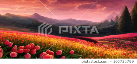 Vector illustration of Spring in the Mountains for logotype, t-shirt, banner, magazine, poster, decoration, postcard. Spring in the Mountains background. Spring 105723799
