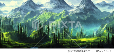 Foggy mountains landscape landscape vector illustration. Smoky rocky panorama with mountain mountains and silhouettes for pine forest. Evergreen forests and green meadows. Mountains in fog with forest 105723807