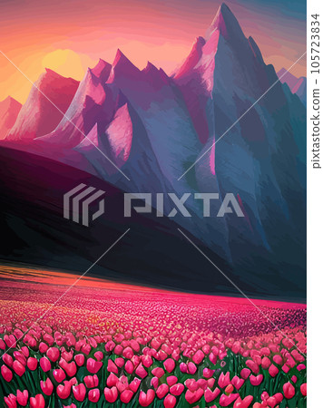 Vector spring background. Dutch landscape with tulip field, trees, hills, mountains. Floral vertical landscape poster cartoon hand drawn style. For posters, advertisements, wallpapers, landing pages 105723834