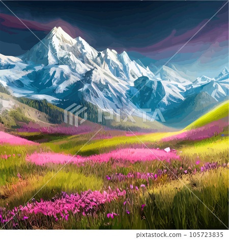 Beautiful field of tulips growing on the slope, mountains and sky illustration. Abstract field illustration. landscape spring vector background. Netherlands nature. Cover template. Poster 105723835
