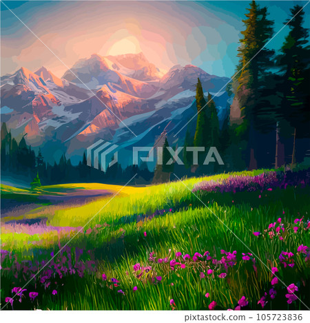 Beautiful field of tulips growing on the slope, mountains and sky illustration. Abstract field illustration. landscape spring vector background. Netherlands nature. Cover template. Poster 105723836