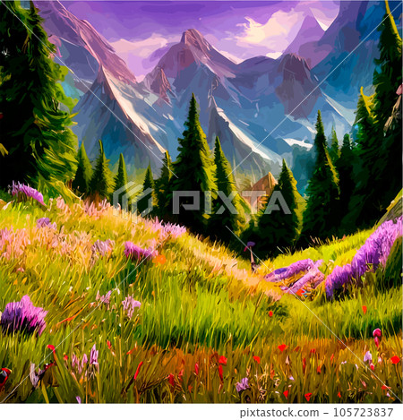 Beautiful field of tulips growing on the slope, mountains and sky illustration. Abstract field illustration. landscape spring vector background. Netherlands nature. Cover template. Poster 105723837