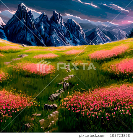 Beautiful field of tulips growing on the slope, mountains and sky illustration. Abstract field illustration. landscape spring vector background. Netherlands nature. Cover template. Poster 105723838