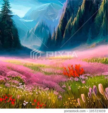 Beautiful field of tulips growing on the slope, mountains and sky illustration. Abstract field illustration. landscape spring vector background. Netherlands nature. Cover template. Poster 105723839