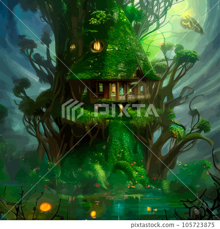 Fairy-tale house in a tree with a roof intertwined. Square flat cartoon illustration with textures. Forest house made leaves and clay gnome vector. Fairy elf gnome magic. Fairy-tale house in a tree with a roof intertwined. Square flat cartoon illustration with textures. Forest house made leaves and clay gnome vector. Fairy elf gnome magic. 105723875