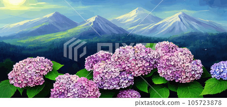 Mountain spring landscape, mountains with snowy peaks, lilac flower bushes, cartoon flat spring nature, green pasture meadow with forests, beautiful spring day mountains, vector illustration banner Mountain spring landscape, mountains with snowy peaks, lilac flower bushes, cartoon flat spring nature, green pasture meadow with forests, beautiful spring day mountains, vector illustration banner 105723878