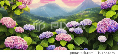 Mountain spring landscape, mountains with snowy peaks, lilac flower bushes, cartoon flat spring nature, green pasture meadow with forests, beautiful spring day mountains, vector illustration banner Mountain spring landscape, mountains with snowy peaks, lilac flower bushes, cartoon flat spring nature, green pasture meadow with forests, beautiful spring day mountains, vector illustration banner 105723879