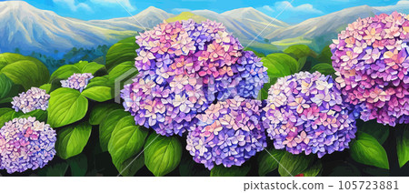 Mountain spring landscape, mountains with snowy peaks, lilac flower bushes, cartoon flat spring nature, green pasture meadow with forests, beautiful spring day mountains, vector illustration banner Mountain spring landscape, mountains with snowy peaks, lilac flower bushes, cartoon flat spring nature, green pasture meadow with forests, beautiful spring day mountains, vector illustration banner 105723881