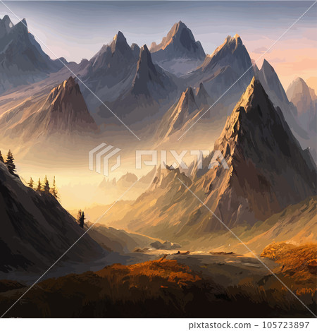 Mountain mature silhouette element outdoor icon snowy ice peaks and decorative, Realistic illustration of mountain landscape with hill and forest with coniferous trees Mountain mature silhouette element outdoor icon snowy ice peaks and decorative, Realistic illustration of mountain landscape with hill and forest with coniferous trees 105723897