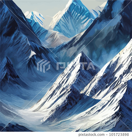 Realistic illustration mountain landscape with a hill forest with coniferous trees, under blue winter sky with space for text. Gray mountains forest retro vintage vector background illustration. Realistic illustration mountain landscape with a hill forest with coniferous trees, under blue winter sky with space for text. Gray mountains forest retro vintage vector background illustration. 105723898