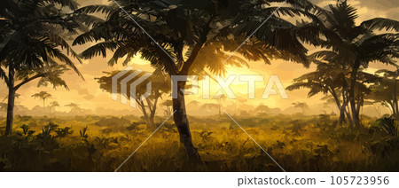Wild savanna landscape. Savannah, African wild nature with acacia trees, grass, sand and water. Africa landscape panorama. Kenya National Park, panoramic view. Flat vector illustration 105723956