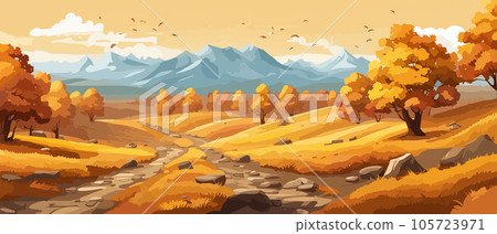 Countryside panorama in autumn, vector horizontal banner of autumn landscape mountains and maple trees fallen with yellow foliage. simple vector 105723971
