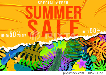 Summer Sale Template banner. Yellow sticker with wrinckles Summer Sale Template banner. Yellow sticker with wrinckles 105724154