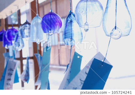 A glass blue wind chime that plays the sound of a gentle breeze 105724241