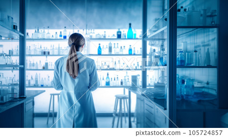 Scientist or doctor analyzing medical exam and working in modern laboratory. Medical with futuristic technology concept. Generative AI. 105724857