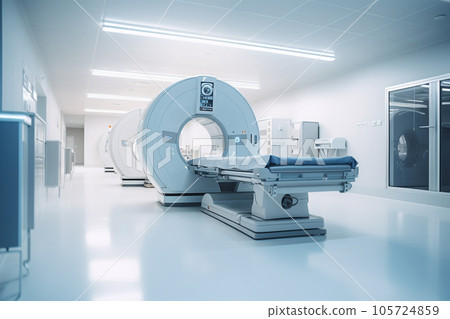Modern MRI - magnetic resonance imaging - scanner machine in hospital room. Lab with MRI scan machine. Healthcare and medical concept. Generative AI. 105724859