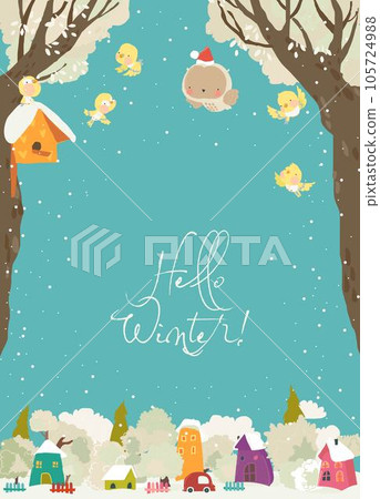 Cute Cartoon Frame with Colorful Houses with Winter Trees Cute Cartoon Frame with Colorful Houses with Winter Trees 105724988