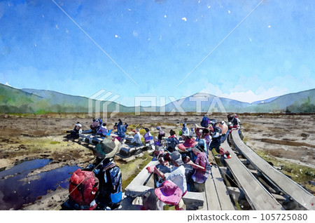 Wooden path of Ozegahara Illustration of people resting at a rest area Generative AI Wooden path of Ozegahara Illustration of people resting at a rest area Generative AI 105725080