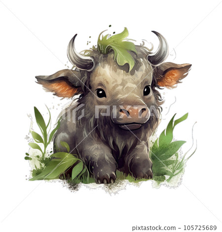 African Baby Buffalo Watercolor Clipart Illustration, Cute Safari Jungle Kids Animal Clipart, PNG, AI generated art, transparent 105725689