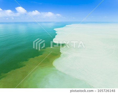 Aerial view dirty oily stain pollution coast sea Aerial view dirty oily stain pollution coast sea 105726148
