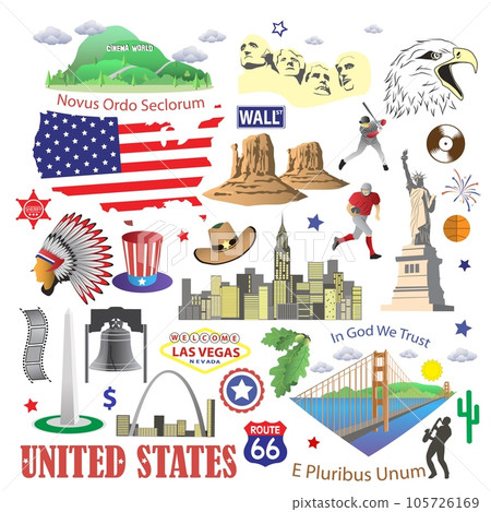 United states of America icons and travel symbols isolated set United states of America icons and travel symbols isolated set 105726169