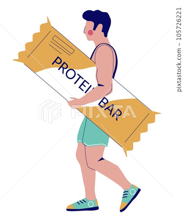Young sportsman with perfect body walking with protein bar Young sportsman with perfect body walking with protein bar 105726221