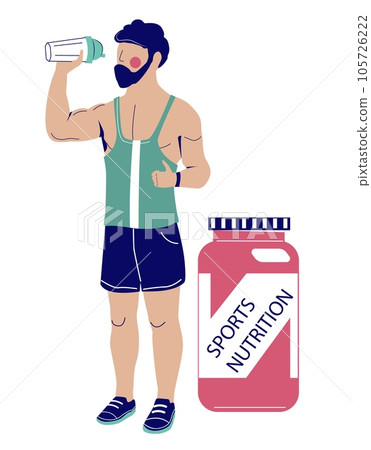 Muscled sportsman drinking protein cocktail nearby sports nutrition pack Muscled sportsman drinking protein cocktail nearby sports nutrition pack 105726222